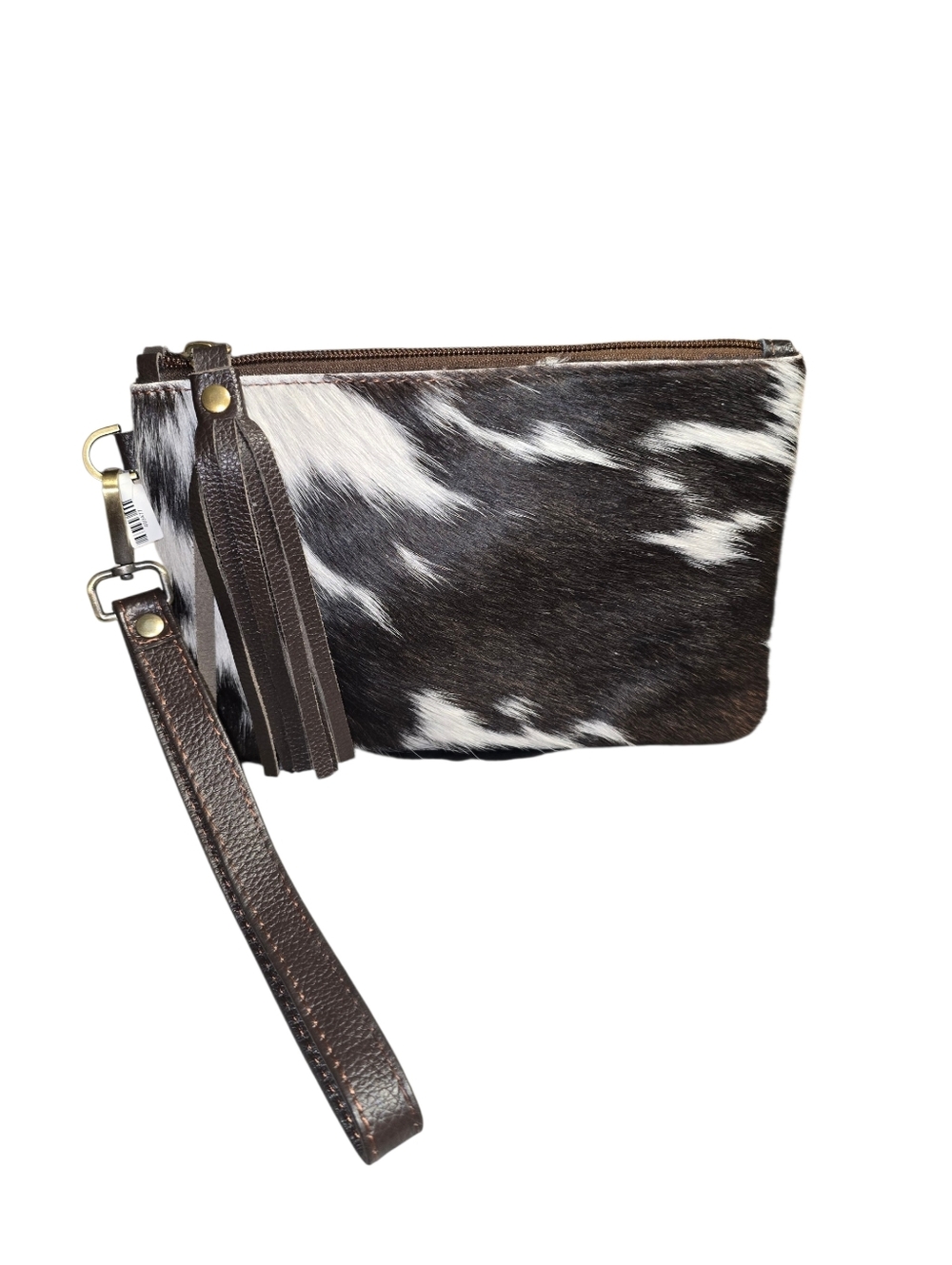 Cowhide Wristlet Clutch in Black & White with Brown Strap